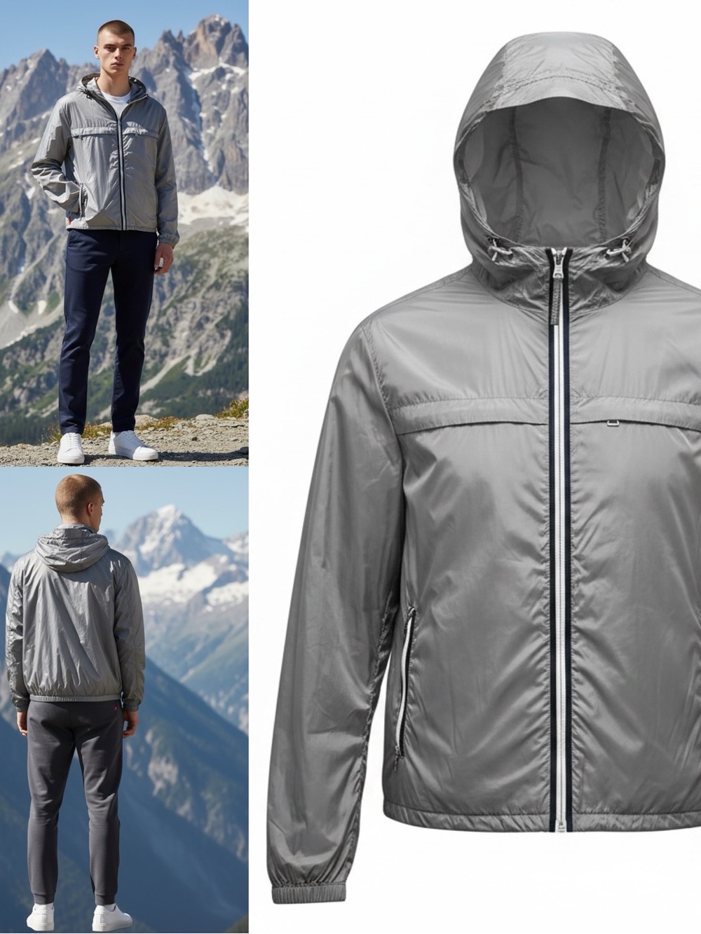 Prada Silver Hooded Windbreaker Jacket Italy Size 54 US XL Designer Lightweight